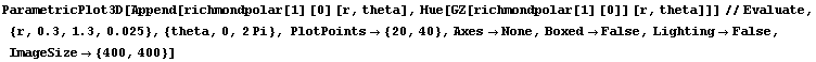 RowBox[{ParametricPlot3D, [, RowBox[{Append[richmondpolar[1] [0] [r, theta], Hue[GZ[richmondpo ... 2754;None, ,, BoxedFalse, ,, LightingFalse, ,, ImageSize {400, 400}}], ]}]