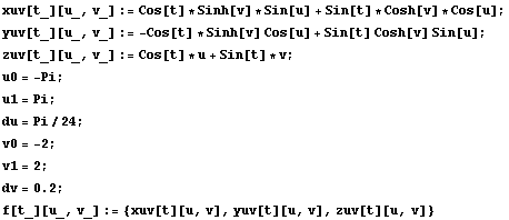 xuv[t_][u_, v_] := Cos[t] * Sinh[v] * Sin[u] + Sin[t] * Cosh[v] * Cos[u] ; yuv[t_][u_, v_] :=  ... 2 ; RowBox[{RowBox[{dv, =, 0.2}], ;}] f[t_][u_, v_] := {xuv[t][u, v], yuv[t][u, v], zuv[t][u, v]} 