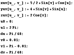 xuv[u_, v_] := 5/2 * Sin[v] * Cos[u] ; yuv[u_, v_] := 4 * Sin[v] * Sin[u] ; zuv[u_, v_] := 2Co ... wBox[{RowBox[{v0, =, 0.01}], ;}] RowBox[{RowBox[{v1, =, RowBox[{Pi, -, 0.01}]}], ;}] dv = Pi/48 ; 