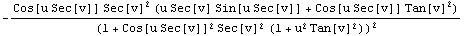 -(Cos[u Sec[v]] Sec[v]^2 (u Sec[v] Sin[u Sec[v]] + Cos[u Sec[v]] Tan[v]^2))/(1 + Cos[u Sec[v]]^2 Sec[v]^2 (1 + u^2 Tan[v]^2))^2