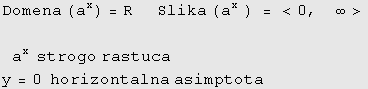 Domena (a^x) = R      Slika (a^x ) = <0,    ∞>a^x  strogo rastuca y = 0  horizontalna asimptota 