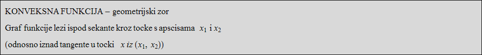 KONVEKSNA FUNKCIJA - geometrijski zor Graf funkcije lezi ispod sekante kroz tocke s apscisama     x _ 1    i x _ 2  ( odnosno   iznad   tangente   u   tocki     x   iz (x _ 1, x _ 2) ) 