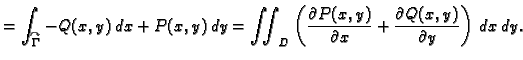 $\displaystyle = \int_{\overset{\curvearrowright}{\Gamma}}
-Q(x,y)\,dx + P(x,y)\...
...al{}P(x,y)}{\partial{}x} +
\frac{\partial{}Q(x,y)}{\partial{}y}\right)\,dx\,dy.$