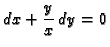 $\displaystyle dx + \frac{y}{x}\,dy = 0$