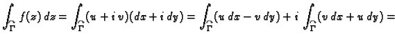 $\displaystyle \int_{\overset{\curvearrowright}{\Gamma}}f(z)\,dz =
\int_{\overse...
...ma}}(u\,dx-v\,dy) +
i\,\int_{\overset{\curvearrowright}{\Gamma}}(v\,dx+u\,dy) =$