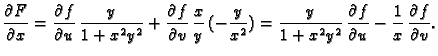 $\displaystyle \frac{\partial F}{\partial x}=
\frac{\partial f}{\partial u}\,\fr...
...^2}\,\frac{\partial f}{\partial u}-
\frac{1}{x}\,\frac{\partial f}{\partial v}.$