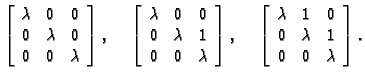 % latex2html id marker 33220
$\displaystyle \left[\begin{array}{ccc}
\lambda & 0...
...}
\lambda & 1 & 0 \\
0 & \lambda & 1 \\
0 & 0 & \lambda
\end{array}\right].$