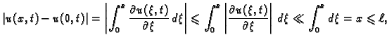 $\displaystyle \vert u(x,t)-u(0,t)\vert
= \left\vert\int_0^x \frac{\partial u(\x...
...al u(\xi,t)}{\partial
\xi}\right\vert\,d\xi \ll \int_0^x d\xi = x\leqslant\ell,$