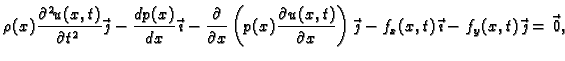 $\displaystyle \rho(x)\frac{\partial^2 u(x,t)}{\partial t^2}\vec{\,\jmath} -
\f...
...)\vec{\,\jmath}
- f_x(x,t)\vec{\,\imath} - f_y(x,t)\vec{\,\jmath} = \vec{\,0},$