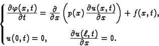 \begin{displaymath}
% latex2html id marker 33942
\begin{cases}\frac{\textstyle{\...
...yle{\partial u(\ell,t)}}{\textstyle{\partial x}}=0. \end{cases}\end{displaymath}