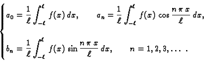 \begin{displaymath}
% latex2html id marker 34803
\begin{cases}\displaystyle a_0 ...
...c{n\,\pi\,x}{\ell}\,dx,\quad\quad n=1,2,3,\ldots\ . \end{cases}\end{displaymath}