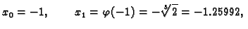 $\displaystyle x_0 = -1, \qquad x_1 = \varphi(-1) = -\sqrt[3]{2} = -1.25992,$