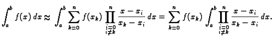 % latex2html id marker 39782
$\displaystyle \int_a^b f(x)\,dx \approx{} \int_a^b...
...f(x_k)\,\int_a^b \prod^n_{\substack{i=0\\  i\neq k}} \frac{x-x_i}{x_k-x_i}\,dx.$
