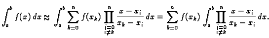 % latex2html id marker 39782
$\displaystyle \int_a^b f(x)\,dx \approx{} \int_a^b...
...f(x_k)\,\int_a^b \prod^n_{\substack{i=0\\ i\neq k}} \frac{x-x_i}{x_k-x_i}\,dx.$