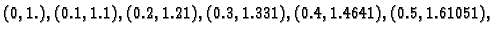 $\displaystyle (0,1.),(0.1,1.1),(0.2,1.21),(0.3,1.331),(0.4,1.4641),(0.5,1.61051),$