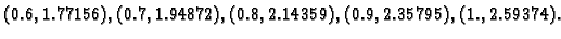 $\displaystyle (0.6,1.77156),(0.7,1.94872),(0.8,2.14359),(0.9,2.35795),(1.,2.59374).$