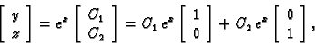 \begin{displaymath}
% latex2html id marker 32947
\left[
\begin{array}{c} y \\  ...
...C_2\,e^x \left[
\begin{array}{c} 0 \\  1 \end{array}
\right],\end{displaymath}