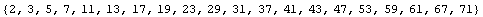 {2, 3, 5, 7, 11, 13, 17, 19, 23, 29, 31, 37, 41, 43, 47, 53, 59, 61, 67, 71}