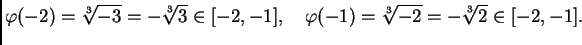 $\displaystyle \varphi(-2) = \sqrt[3]{-3} = -\sqrt[3]{3} \in [-2,-1],\quad
\varphi(-1) = \sqrt[3]{-2} = -\sqrt[3]{2} \in [-2,-1].$