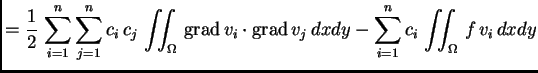 % latex2html id marker 41423
$\displaystyle = \frac{1}{2}\,\sum_{i=1}^n\sum_{j=1...
...v_i\cdot{\rm grad\,}v_j\,dxdy - \sum_{i=1}^n c_i\,\iint_{\Omega}\,
f\,v_i\,dxdy$