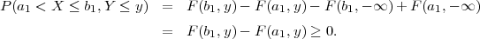 P (a  < X  ≤ b ,Y ≤ y)  =  F (b ,y)- F (a ,y) - F(b ,- ∞ )+ F (a ,- ∞ )
    1        1                1         1        1            1
                       =  F (b1,y)- F (a1,y) ≥ 0.
